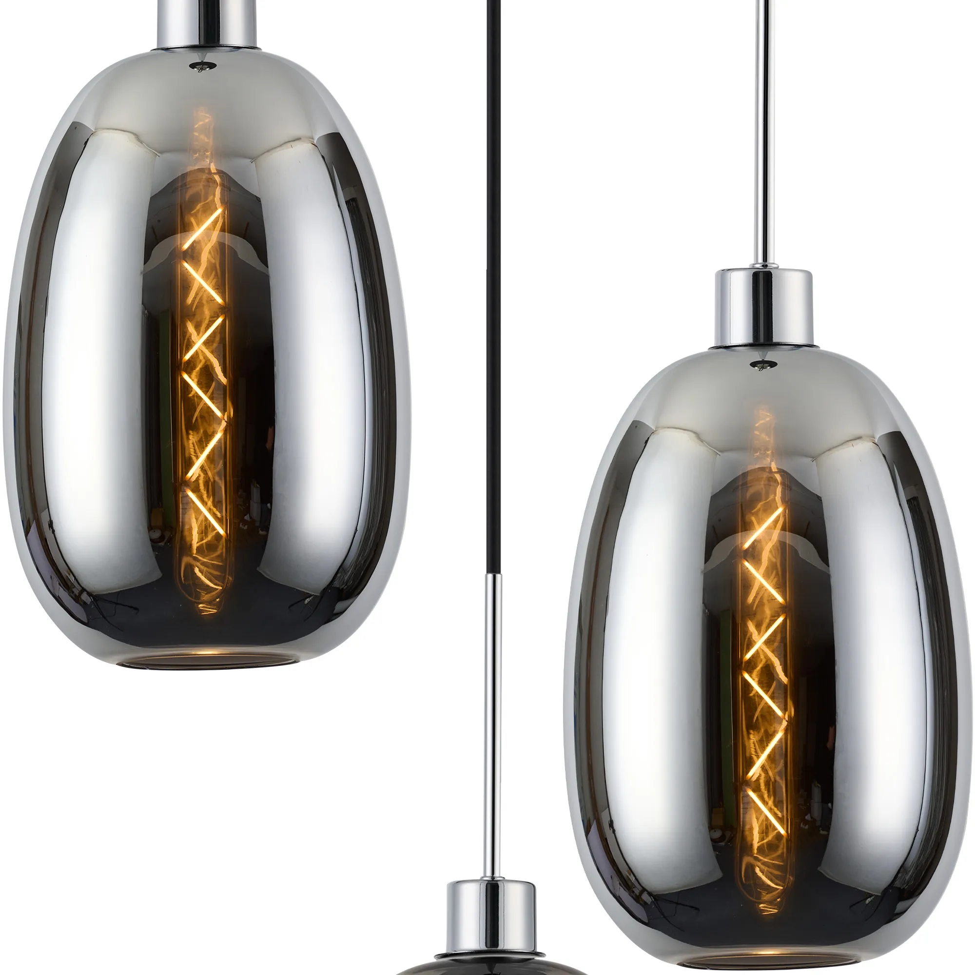 Lori 40cm Round Pendant, 3 Light Adjustable E27, Polished Chrome/Chrome/Smoke Slim Curved Trapezium Shades DK1270  Deco Lori Polished Chrome